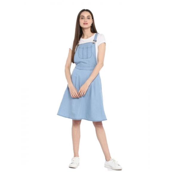 Dropship Women's Denim Solid Sleeveless Above Knee Dress (Blue)