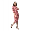 Dropship Women's Polyester Checkered 3-4th Sleeves Below Knee Dress (Pink - Black)
