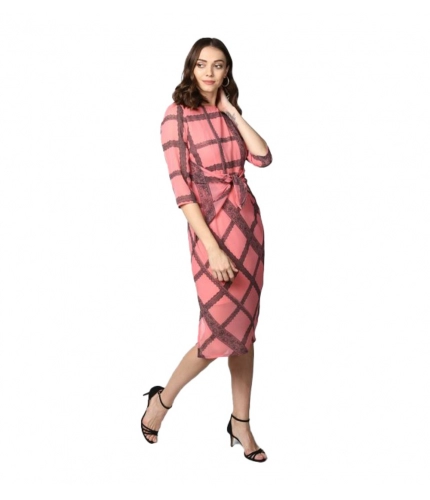 Women's Polyester Checkered 3-4th Sleeves Below Knee Dress (Pink - Black)