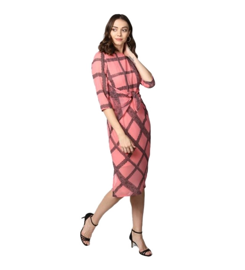 Women's Polyester Checkered 3-4th Sleeves Below Knee Dress (Pink - Black)