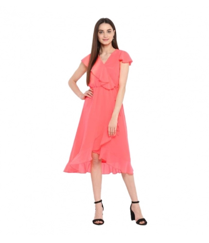 Women's Polyester Ruffled Cap Sleeve Below Knee Dress (Coral Pink)