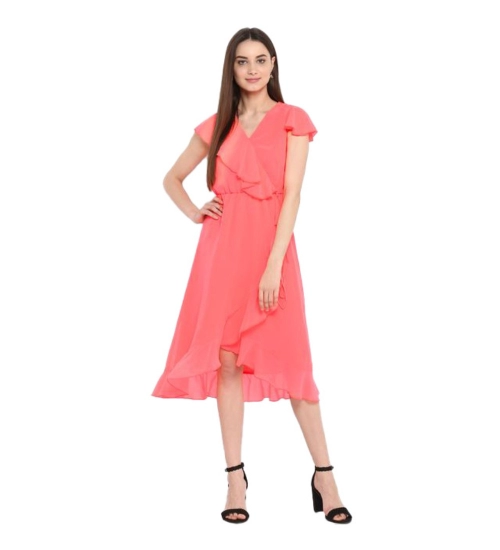 Women's Polyester Ruffled Cap Sleeve Below Knee Dress (Coral Pink)