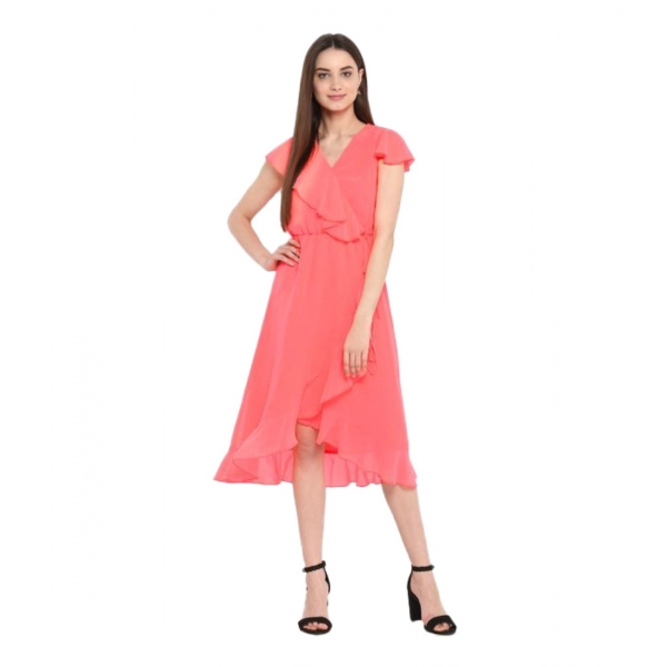 Dropship Women's Polyester Ruffled Cap Sleeve Below Knee Dress (Coral Pink)