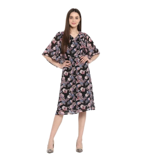 Women's Polyester Floral Short Sleeve Knee-Length Dress (Black - Multicolor)