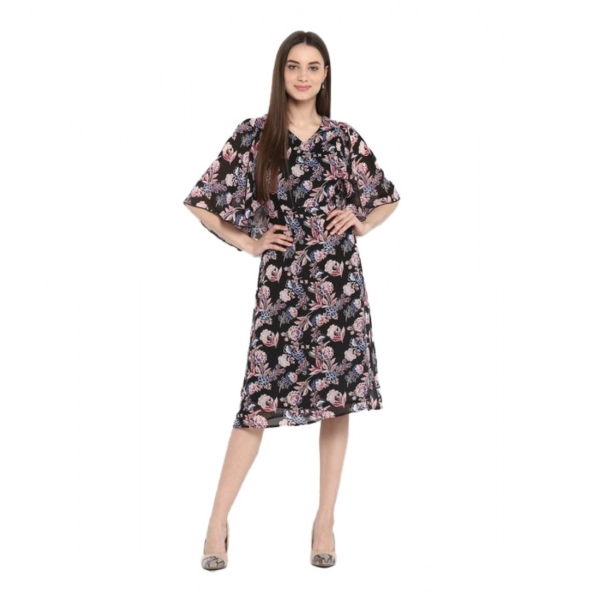Dropship Women's Polyester Floral Short Sleeve Knee-Length Dress (Black - Multicolor)