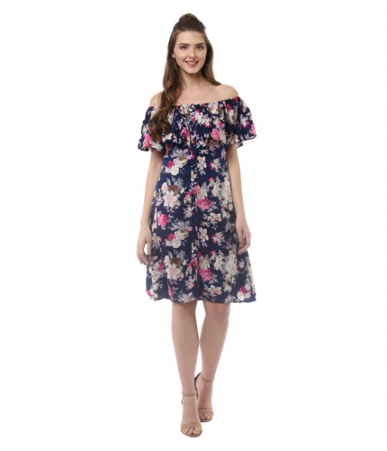 Women's Polyester Crepe Floral Half Sleeve Above Knee Dress (Navy Blue)