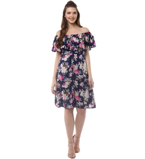 Women's Polyester Crepe Floral Half Sleeve Above Knee Dress (Navy Blue)