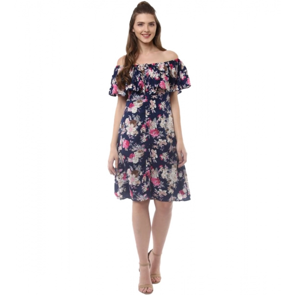 Dropship Women's Polyester Crepe Floral Half Sleeve Above Knee Dress (Navy Blue)