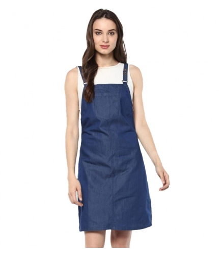 Women's Denim Solid Shoulder Straps Above Knee Dress (Blue)