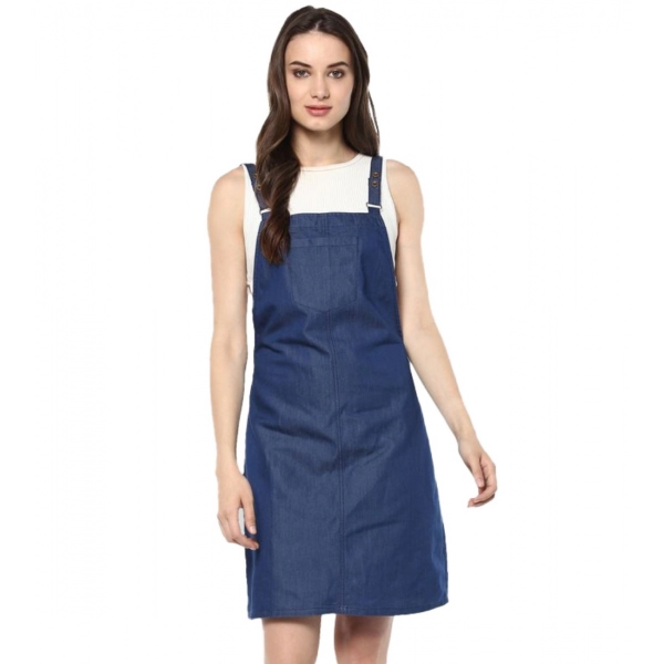 Dropship Women's Denim Solid Shoulder Straps Above Knee Dress (Blue)
