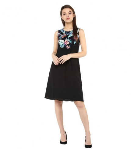 Women's Polyester Printed Sleeveless Above Knee Dress (Black - Multicolor)