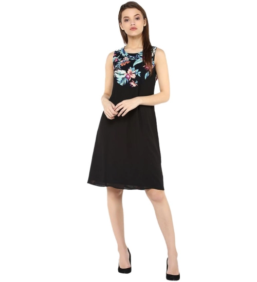 Women's Polyester Printed Sleeveless Above Knee Dress (Black - Multicolor)