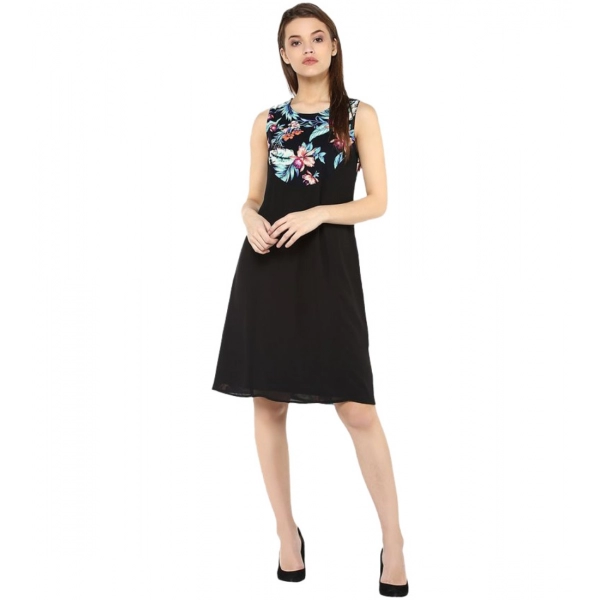 Dropship Women's Polyester Printed Sleeveless Above Knee Dress (Black - Multicolor)