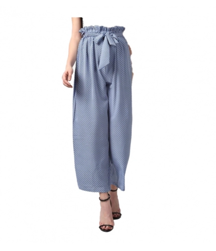 Women's Polyester Striped Elasticated Trousers (Blue)