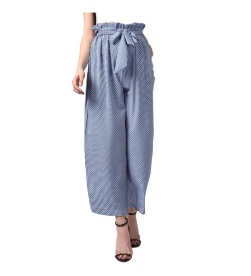 Women's Polyester Striped Elasticated Trousers (Blue)