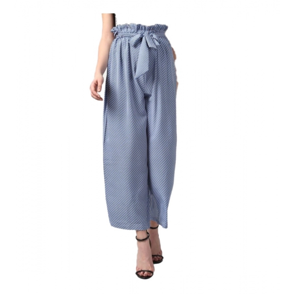 Dropship Women's Polyester Striped Elasticated Trousers (Blue)