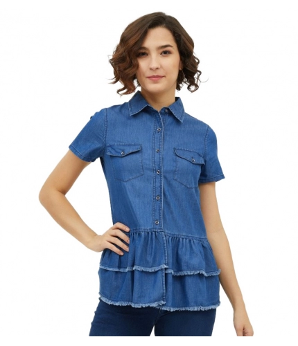 Women's Denim Peplum Short Sleeve Top (Blue)