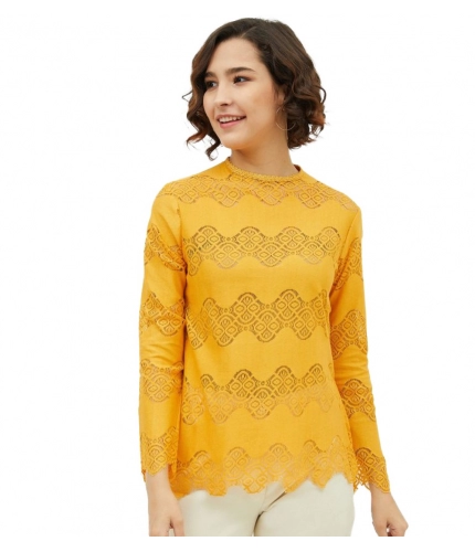 Women's Cotton Lace Inserts Long Sleeves Top (Yellow)