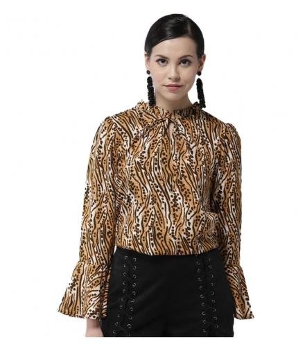 Women's Polyester Printed Bell Sleeve Top (Orange - Black)