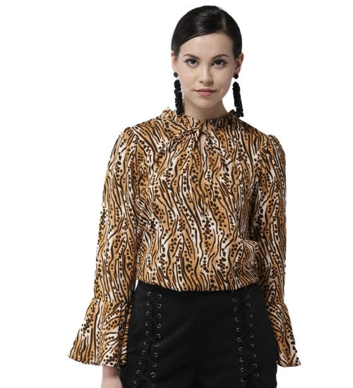 Women's Polyester Printed Bell Sleeve Top (Orange - Black)