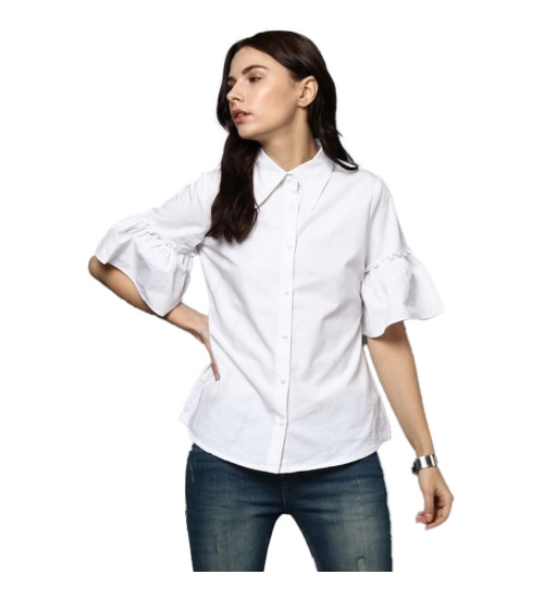 Women's Cotton Solid Bell Sleeve Top (White)