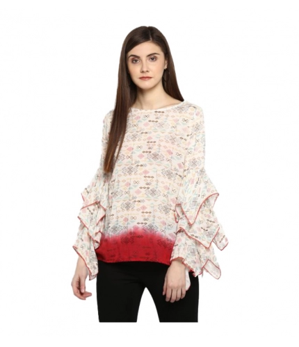 Women's Rayon Crepe Printed Ruffle Sleeve Top (Off White - Red)