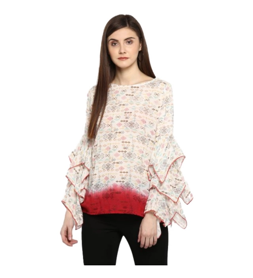 Women's Rayon Crepe Printed Ruffle Sleeve Top (Off White - Red)