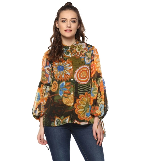 Women's Polyester Floral Balloon Sleeve Top (Mustard - Olive)