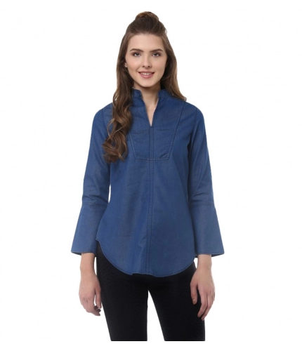 Women's Denim Solid Bell Sleeve Regular Top (Blue Denim)