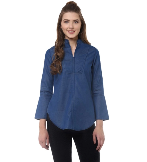 Women's Denim Solid Bell Sleeve Regular Top (Blue Denim)