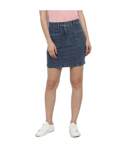 Women's Denim Front Pocket Buttoned Skirt (Blue)