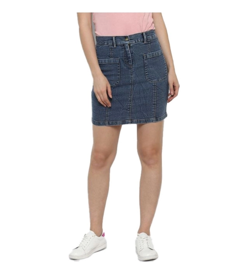 Women's Denim Front Pocket Buttoned Skirt (Blue)