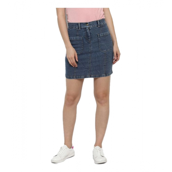 Dropship Women's Denim Front Pocket Buttoned Skirt (Blue)