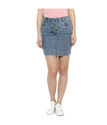 Women's Denim Draw String Buttoned Skirt (Blue)