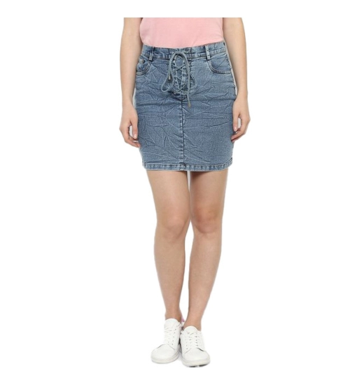 Women's Denim Draw String Buttoned Skirt (Blue)