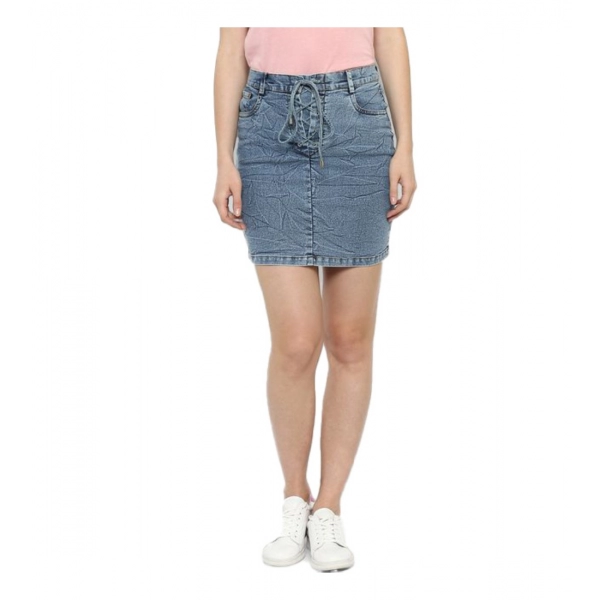Dropship Women's Denim Draw String Buttoned Skirt (Blue)