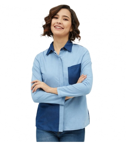 Women's Denim Patch Work Long Sleeves Standard Length Shirt (Blue)