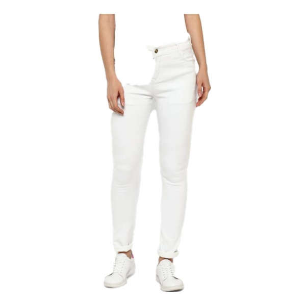 Dropship Women's Denim Solid Buttoned Jeans (White)