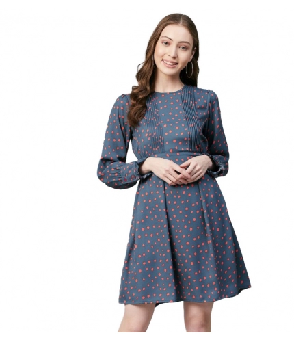Women's Polyester Polka Long Sleeves Above Knee Dress (Grey - Coral)