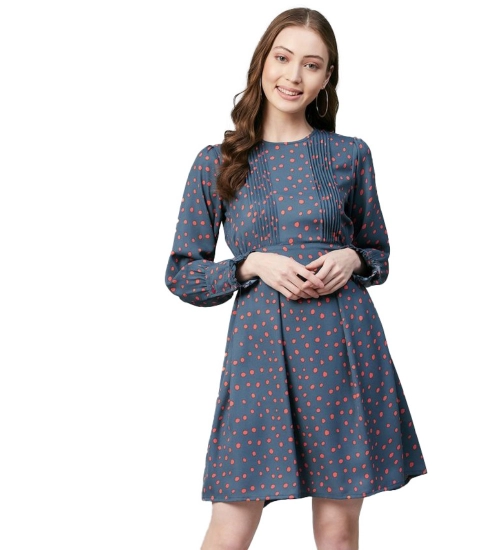 Women's Polyester Polka Long Sleeves Above Knee Dress (Grey - Coral)