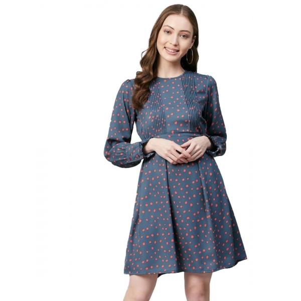 Dropship Women's Polyester Polka Long Sleeves Above Knee Dress (Grey - Coral)