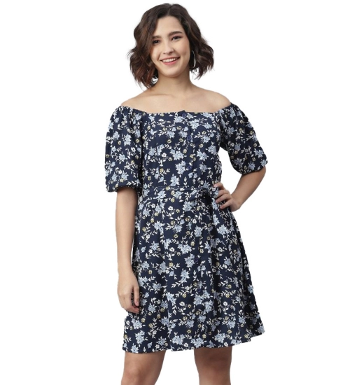Women's Polyester Off Shoulder Half Sleeve Above Knee Dress (Blue)