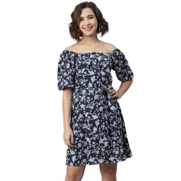 Dropship Women's Polyester Off Shoulder Half Sleeve Above Knee Dress (Blue)