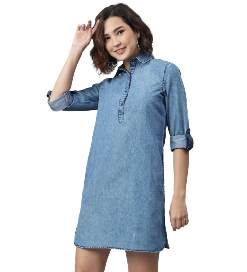 Women's Denim Solid Long Sleeves Above Knee Dress (Ice Blue)