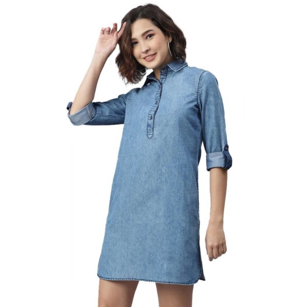 Dropship Women's Denim Solid Long Sleeves Above Knee Dress (Ice Blue)