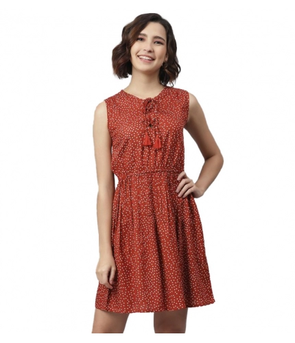Women's Rayon Polka Sleeveless Above Knee Dress (Rust)