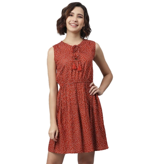 Women's Rayon Polka Sleeveless Above Knee Dress (Rust)