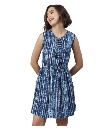 Women's Rayon Tie &amp; Dye Sleeveless Above Knee Dress (Blue)