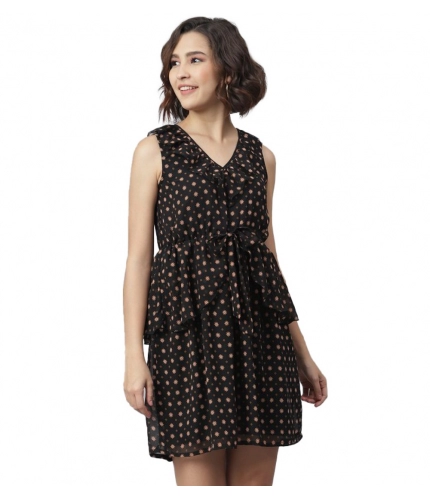 Women's Polyester Peplum Sleeveless Above Knee Dress (Black)