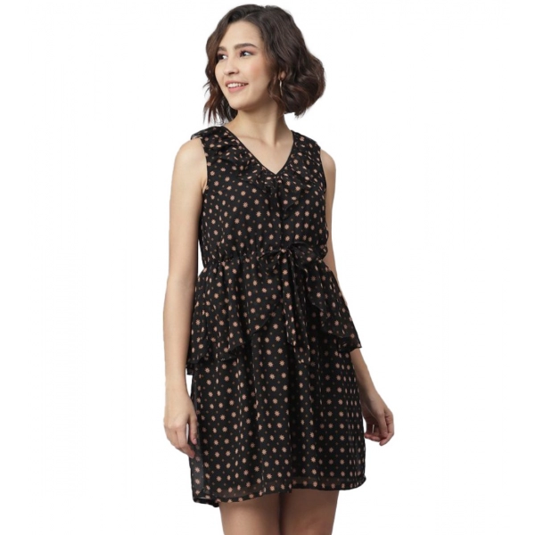 Dropship Women's Polyester Peplum Sleeveless Above Knee Dress (Black)